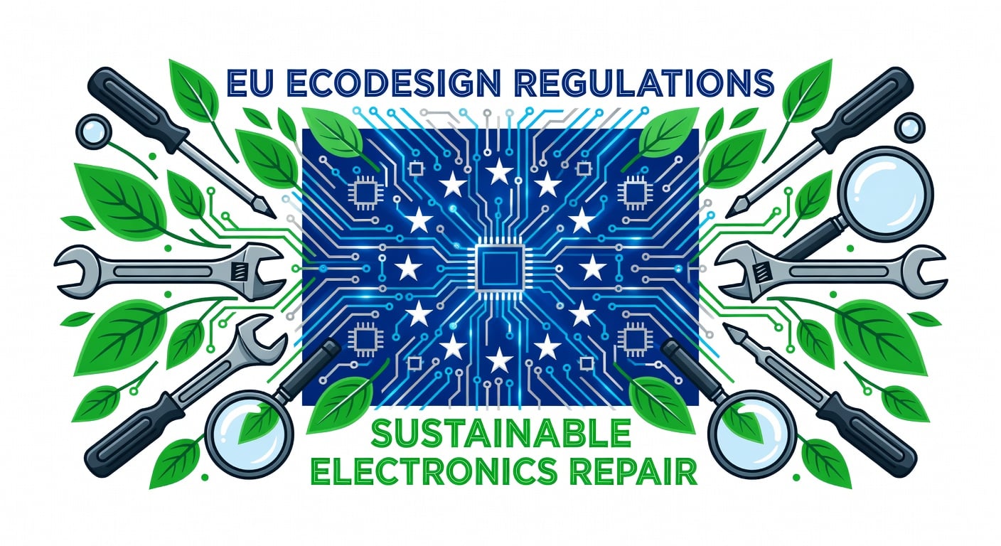 EU Ecodesign regulations and sustainable electronics repair with circuit board patterns and green leaf motifs