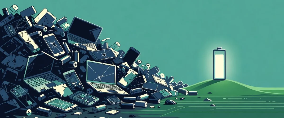 Discarded electronics and batteries transitioning to a clean green landscape with one long-lasting battery