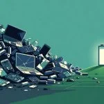 Discarded electronics and batteries transitioning to a clean green landscape with one long-lasting battery