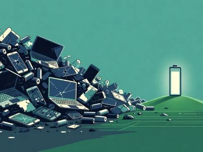 Discarded electronics and batteries transitioning to a clean green landscape with one long-lasting battery