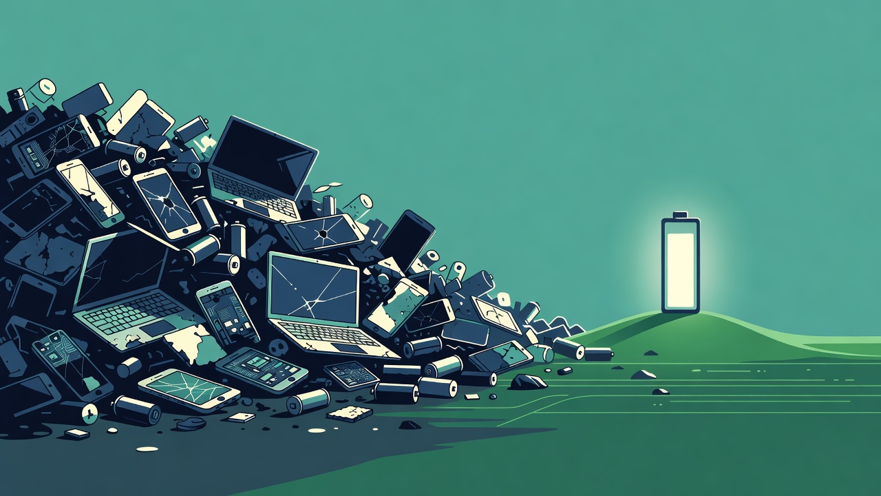 Discarded electronics and batteries transitioning to a clean green landscape with one long-lasting battery