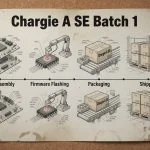 Vintage product roadmap poster for Chargie A SE Batch 1 pinned to corkboard with production milestones