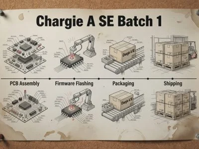 Vintage product roadmap poster for Chargie A SE Batch 1 pinned to corkboard with production milestones