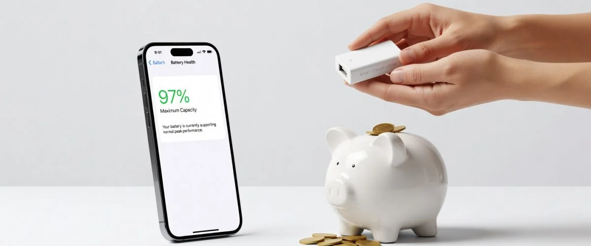 iPhone showing high battery health percentage with hands holding USB charge limiter over piggy bank