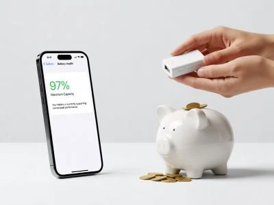 iPhone showing high battery health percentage with hands holding USB charge limiter over piggy bank