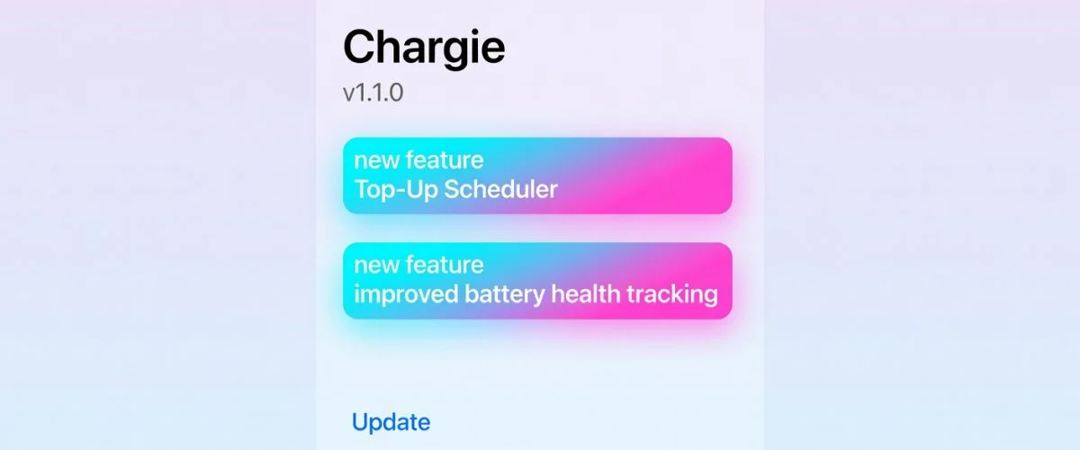 iPhone app update screen showing Chargie v1.1.0 with Top-Up Scheduler feature, app store editorial style
