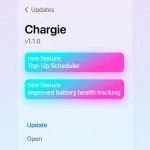 iPhone app update screen showing Chargie v1.1.0 with Top-Up Scheduler feature, app store editorial style