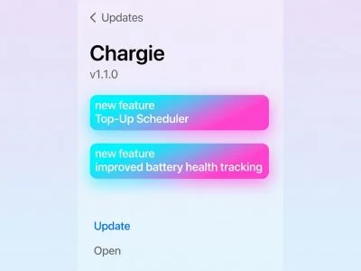 iPhone app update screen showing Chargie v1.1.0 with Top-Up Scheduler feature, app store editorial style