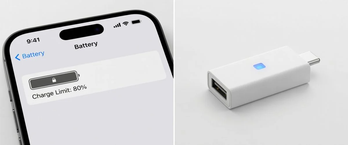iOS charge limit settings vs hardware USB charge limiter device, tech editorial comparison