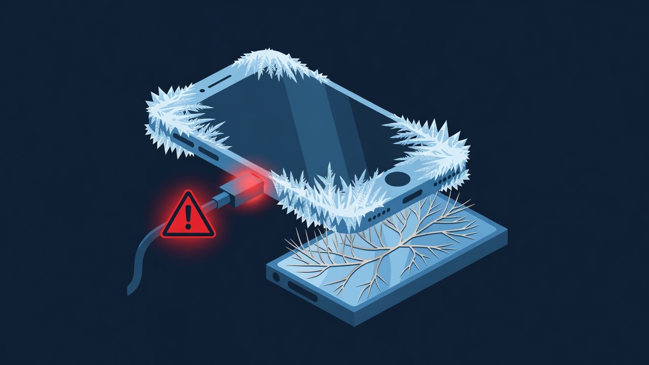 Frozen smartphone plugged into a charger with a red warning glow illustrating lithium plating damage