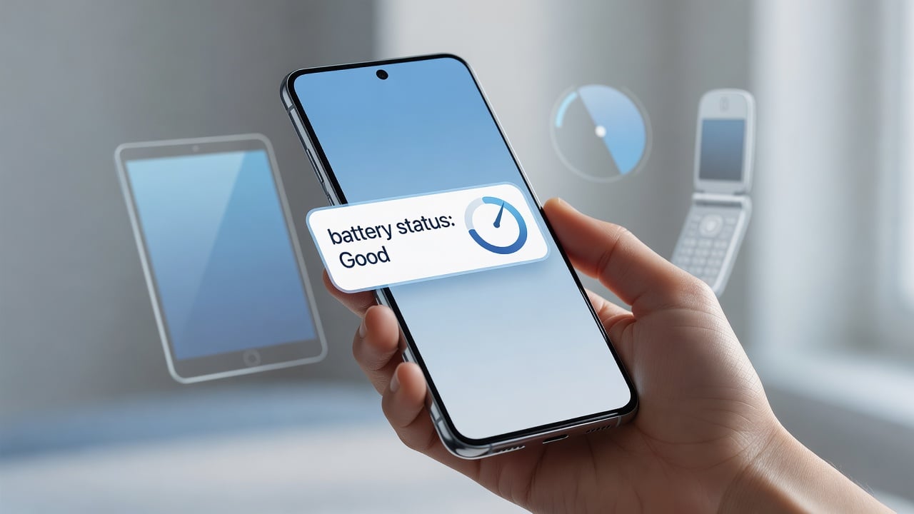 A hand holding a Samsung Galaxy phone showing a battery status reading of Good, with a tablet and older phone in the background representing multiple devices
