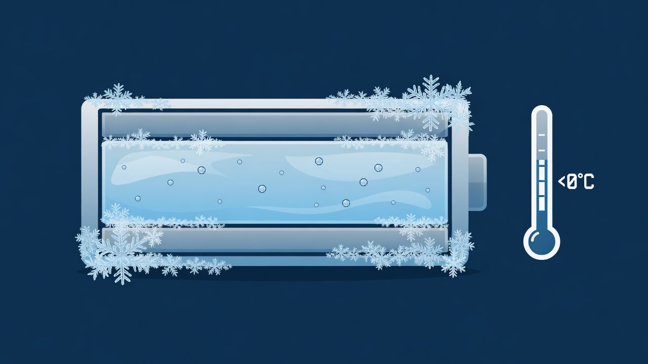 Diagram of a lithium-ion battery in cold weather with slowed ion movement and a sub-zero temperature gauge