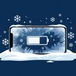 Smartphone in snow and frost with a draining battery icon illustrating cold weather phone battery drain