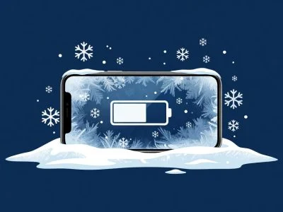 Smartphone in snow and frost with a draining battery icon illustrating cold weather phone battery drain