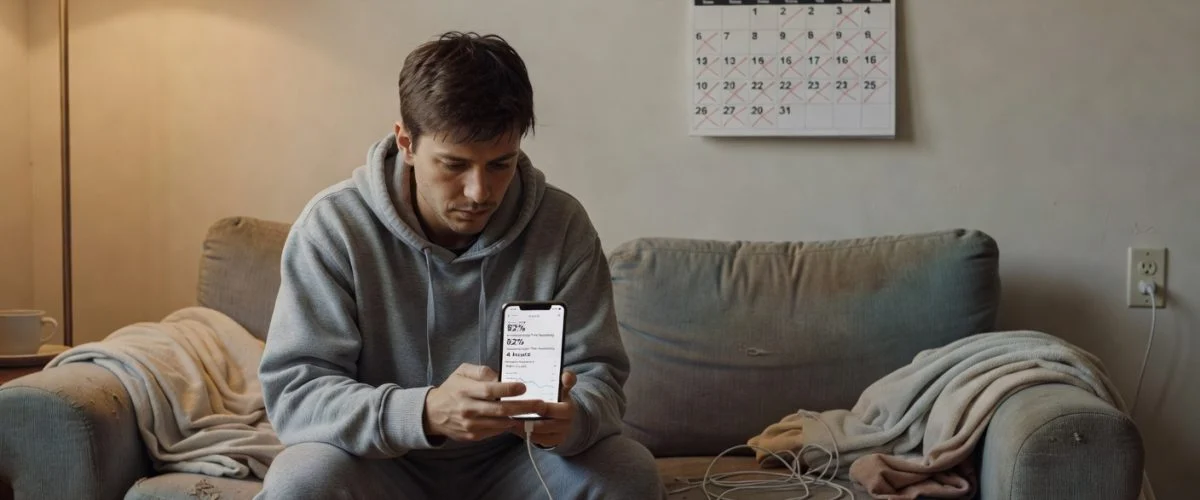 Person at home during COVID-19 pandemic using smartphone connected to charger while on video call, lockdown lifestyle
