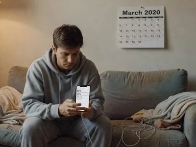 Person at home during COVID-19 pandemic using smartphone connected to charger while on video call, lockdown lifestyle