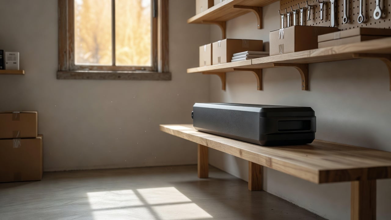 E-bike battery stored indoors on a shelf in a cool dry environment during winter