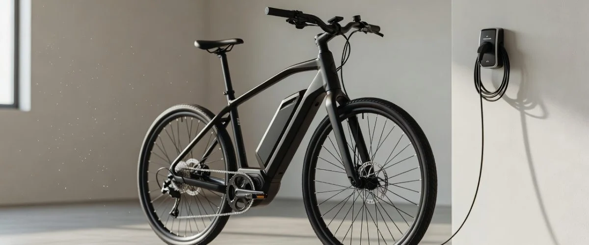 Electric bike with removable battery pack plugged into a wall charger in a bright garage