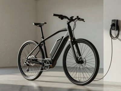 Electric bike with removable battery pack plugged into a wall charger in a bright garage