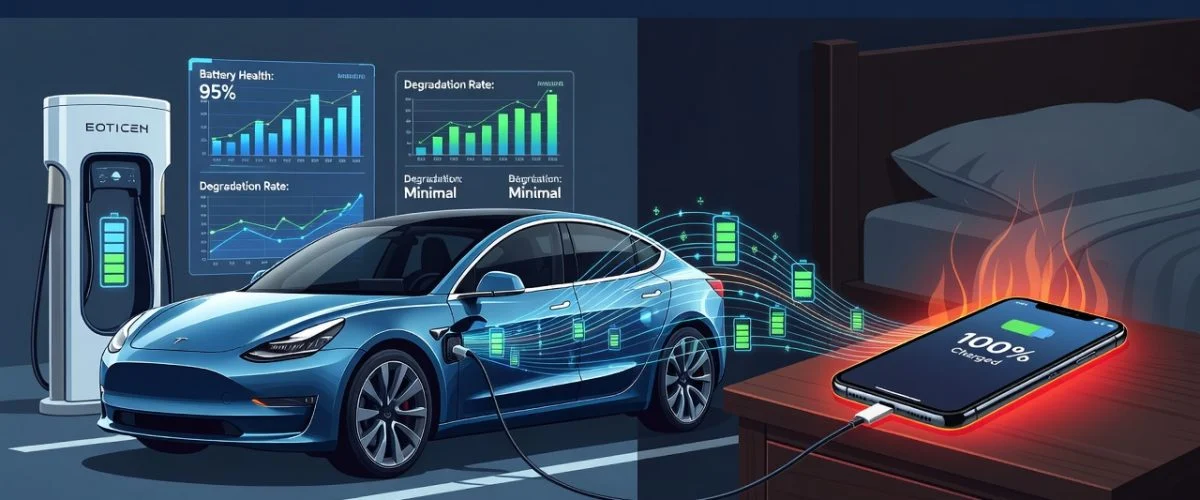 Split editorial illustration showing an EV charging station with controlled limits on the left and a smartphone overheating at 100% overnight charge on the right, illustrating battery degradation lessons from EVs applied to smartphones