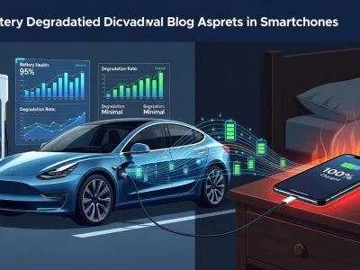 Split editorial illustration showing an EV charging station with controlled limits on the left and a smartphone overheating at 100% overnight charge on the right, illustrating battery degradation lessons from EVs applied to smartphones