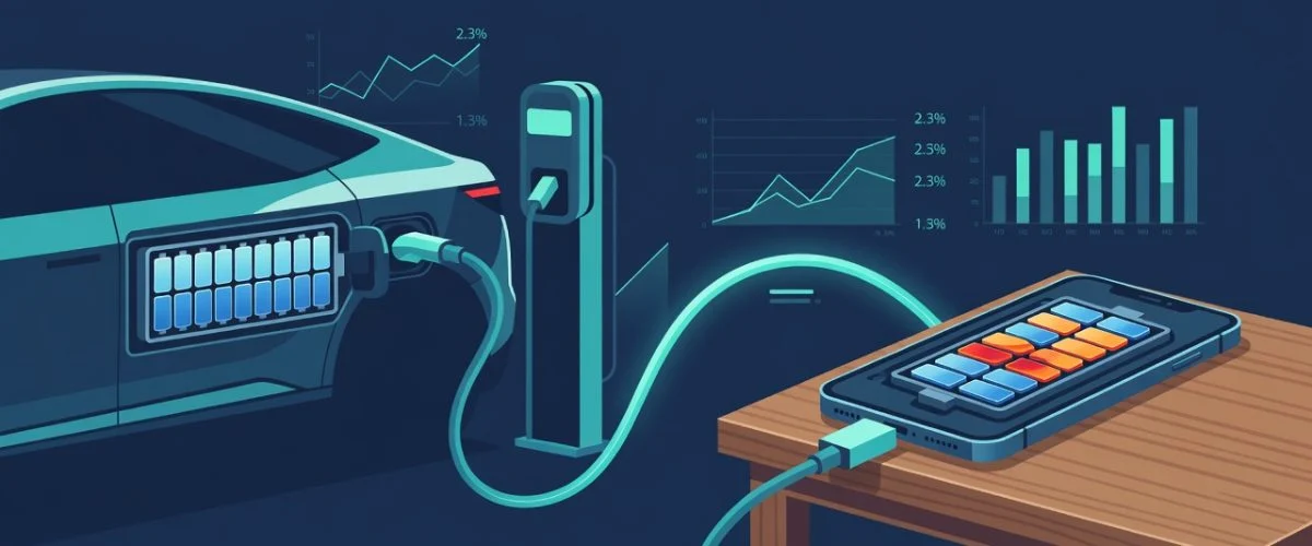 Editorial illustration of an electric vehicle at a charging station connected by a USB cable to a smartphone, with EV battery cells shown cool and managed versus phone battery cells shown hot and stressed