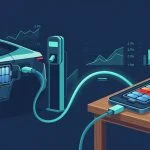Editorial illustration of an electric vehicle at a charging station connected by a USB cable to a smartphone, with EV battery cells shown cool and managed versus phone battery cells shown hot and stressed
