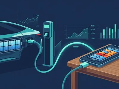 Editorial illustration of an electric vehicle at a charging station connected by a USB cable to a smartphone, with EV battery cells shown cool and managed versus phone battery cells shown hot and stressed