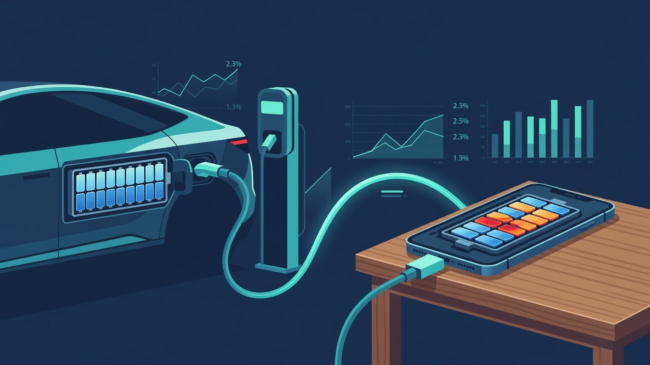 Hero illustration: an electric vehicle at a charging station connected by a USB cable to a smartphone, with EV battery cells shown cool and managed versus phone battery cells shown hot and stressed
