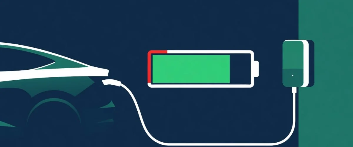 Electric car plugged into a home charger with dashboard showing charge stopping at 80 percent