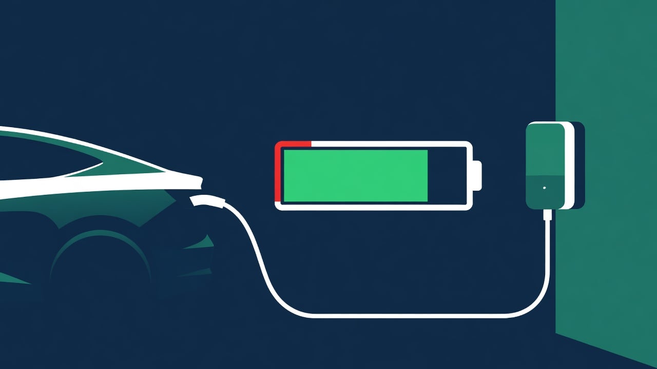 Electric car plugged into a home charger with dashboard showing charge stopping at 80 percent