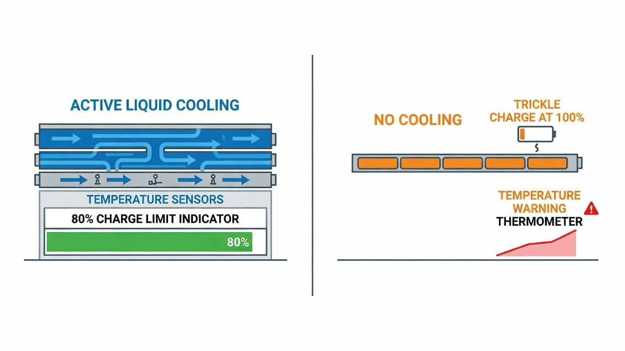 Side-by-side flat-design infographic comparing EV battery management (active liquid cooling, 80 percent charge limit, temperature sensors) with phone battery management (no active cooling, trickle charge at 100 percent, rising temperature warning)