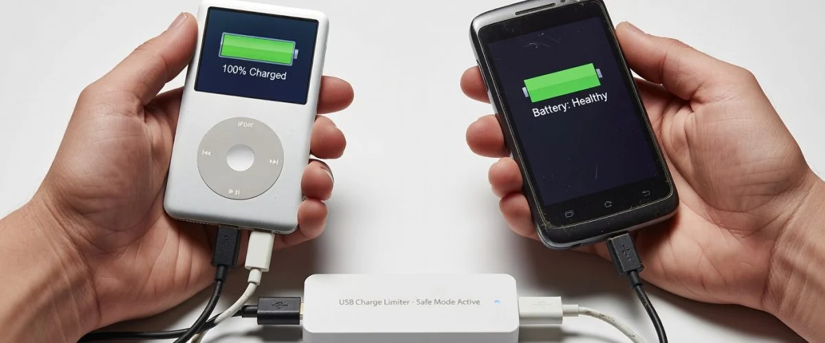 Hands holding vintage iPod and Android phone connected to modern USB charge limiter, nostalgic tech preservation
