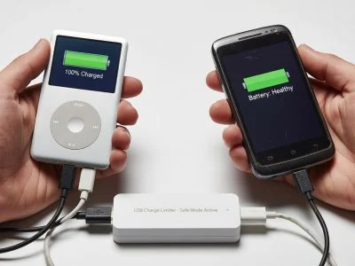 Hands holding vintage iPod and Android phone connected to modern USB charge limiter, nostalgic tech preservation
