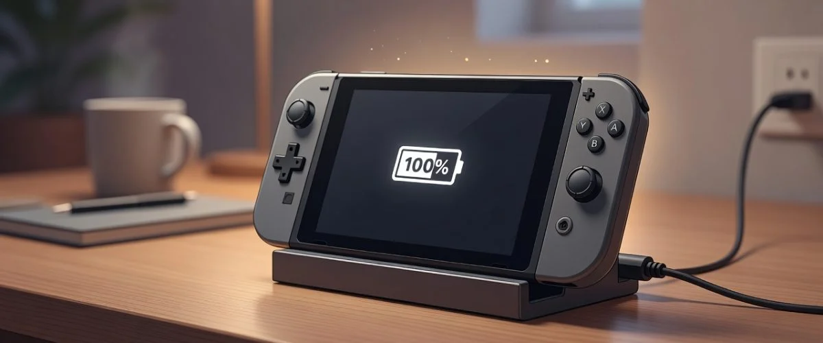 Gaming handheld console left in its dock at full 100 percent charge with warm glow, the worst state for lithium-ion battery longevity