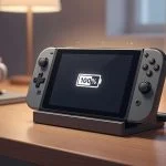 Gaming handheld console left in its dock at full 100 percent charge with warm glow, the worst state for lithium-ion battery longevity