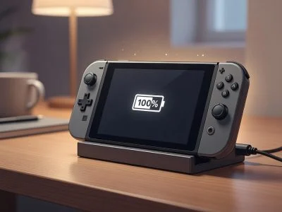 Gaming handheld console left in its dock at full 100 percent charge with warm glow, the worst state for lithium-ion battery longevity