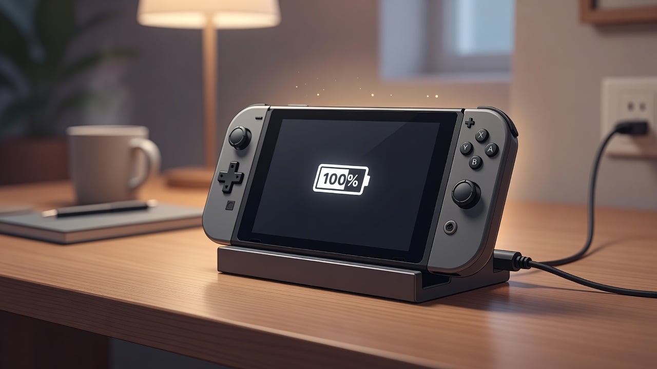 Gaming handheld console resting on a desk dock while charging, illustrating the always-plugged-in use case that stresses lithium-ion batteries