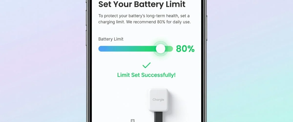 Chargie mobile app tutorial screen showing battery limit slider at 80% with green checkmark, app UI mockup