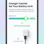 Chargie mobile app tutorial screen showing battery limit slider at 80% with green checkmark, app UI mockup