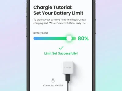 Chargie mobile app tutorial screen showing battery limit slider at 80% with green checkmark, app UI mockup