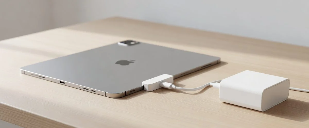iPad charging through a Chargie C Basic USB-C charge limiter on a desk
