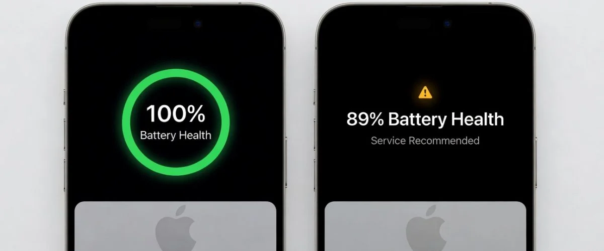 Side-by-side iPhone 13 Pro models showing 100% vs 89% battery health comparison, tech review style