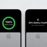 Side-by-side iPhone 13 Pro models showing 100% vs 89% battery health comparison, tech review style