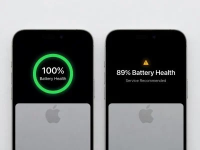 Side-by-side iPhone 13 Pro models showing 100% vs 89% battery health comparison, tech review style