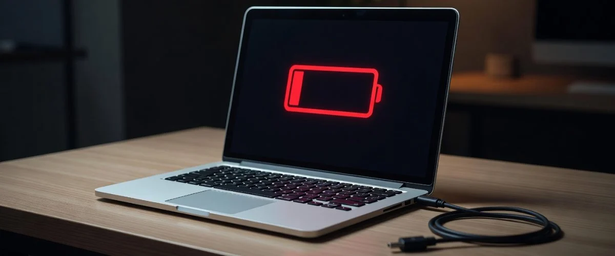 Laptop on desk with red empty battery icon and disconnected power cable, representing laptop battery failure