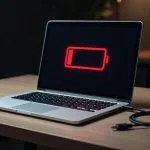 Laptop on desk with red empty battery icon and disconnected power cable, representing laptop battery failure