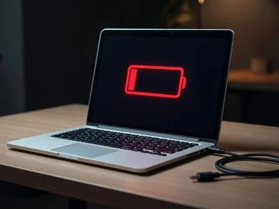 Laptop on desk with red empty battery icon and disconnected power cable, representing laptop battery failure