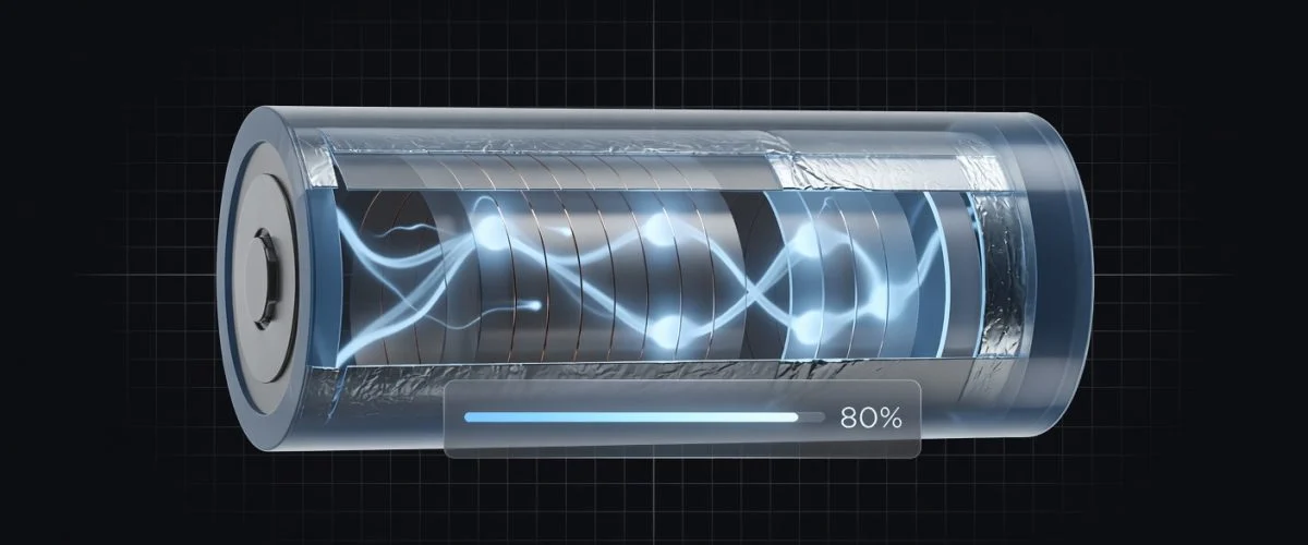 Lithium-ion battery cross-section showing electrochemical layers with 80% charge indicator, scientific illustration style