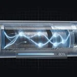 Lithium-ion battery cross-section showing electrochemical layers with 80% charge indicator, scientific illustration style
